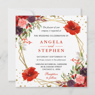 Boho Watercolor Fall Flowers Gold Frame Wedding Invitation