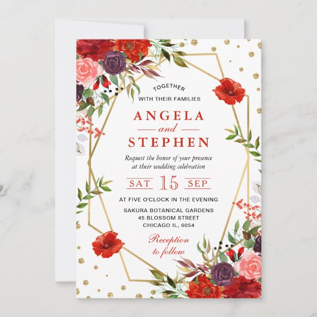Boho Watercolor Fall Flowers Gold Frame Wedding Invitation (Front)