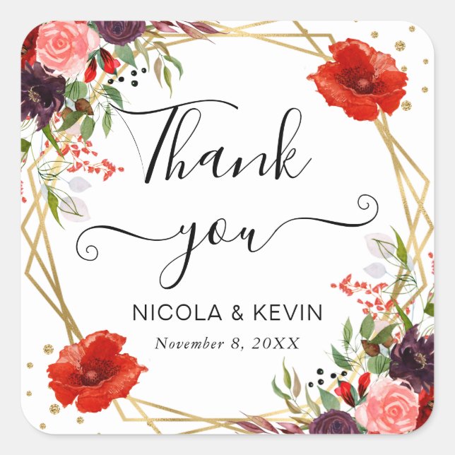 Boho Watercolor Fall Flowers Gold Frame Wedding Square Sticker (Front)