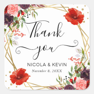 Boho Watercolor Fall Flowers Gold Frame Wedding Square Sticker