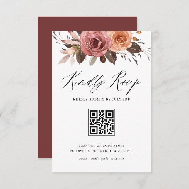 Boho Watercolor Fall Flowers Wedding QR Code RSVP Card (Front/Back)