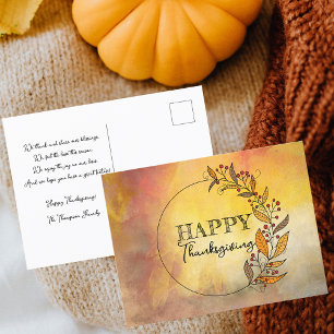 Boho Watercolor Fall Wreath Thanksgiving Greeting Holiday Postcard
