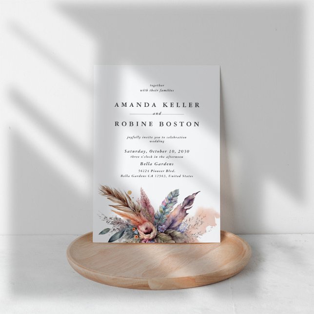 Boho Watercolor Feather Wedding Invitation (Creator Uploaded)