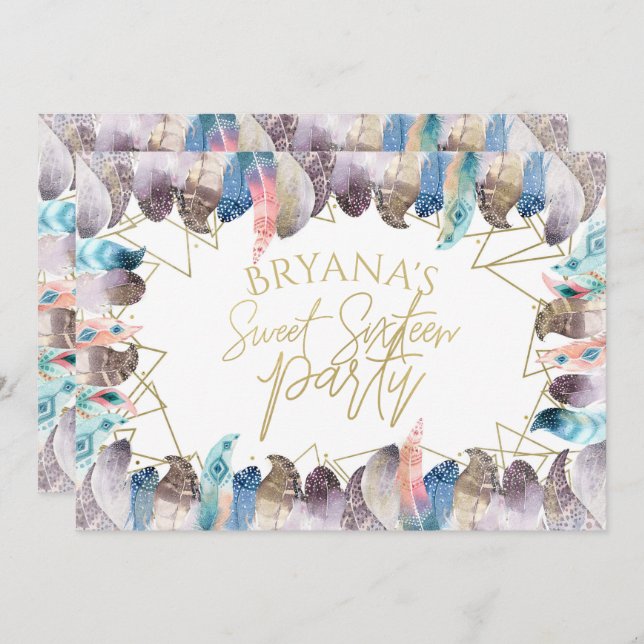 Boho Watercolor Feathers Gold Sweet 16 Invitations (Front/Back)