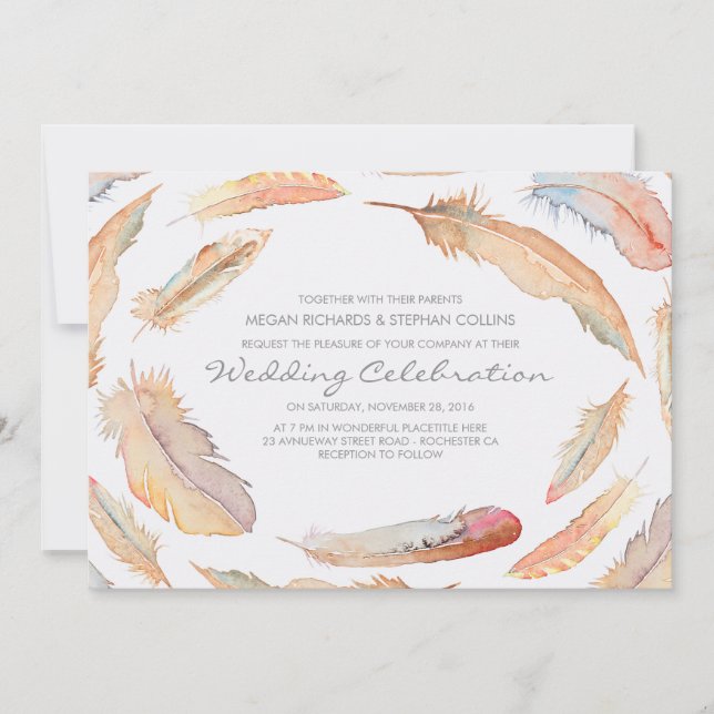 boho watercolor feathers tribal and wild wedding invitation (Front)