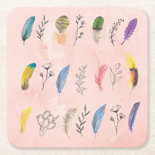 Boho Watercolor Feathers with Floral Line Drawings Square Paper Coaster