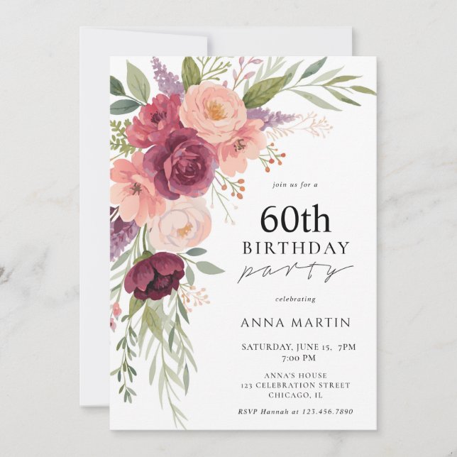 Boho Watercolor Floral 60th Birthday Party Invitation (Front)