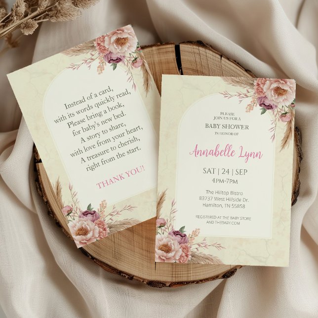 Boho Watercolor Floral Arched Baby Shower Invitation (Vintage Boho Floral Arch Pink and Beige Baby Shower invitation)