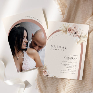 Boho Watercolor Floral Arched Photo Bridal Shower Invitation