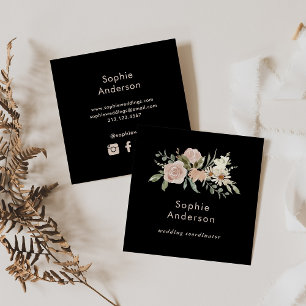 Boho Watercolor Floral Black   Social Media Icons Square Business Card