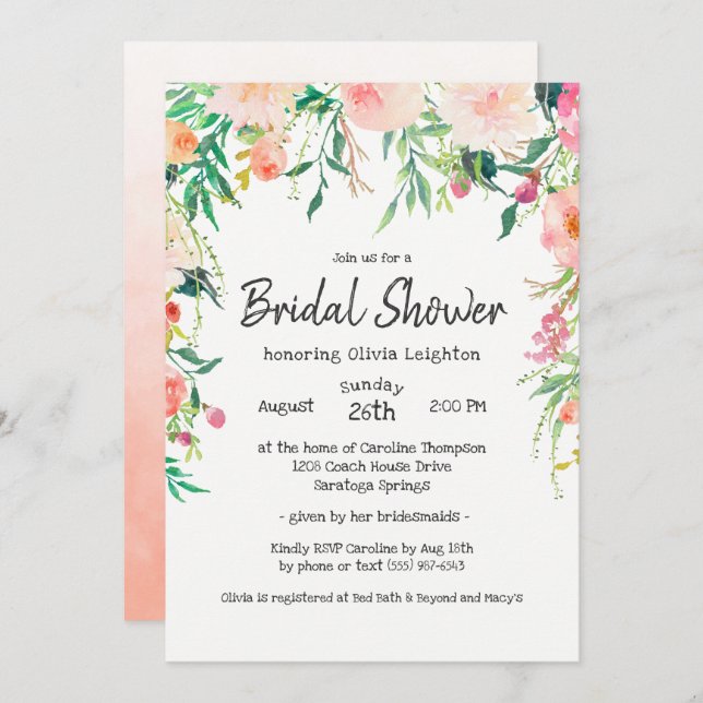 Boho Watercolor Floral Bridal Shower Invitation (Front/Back)