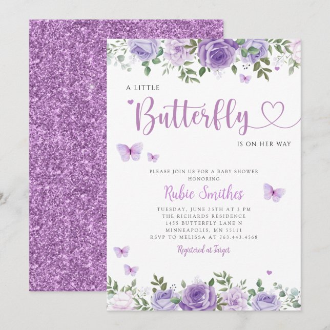 Boho Watercolor Floral Butterfly Girl Baby Shower  Invitation (Front/Back)