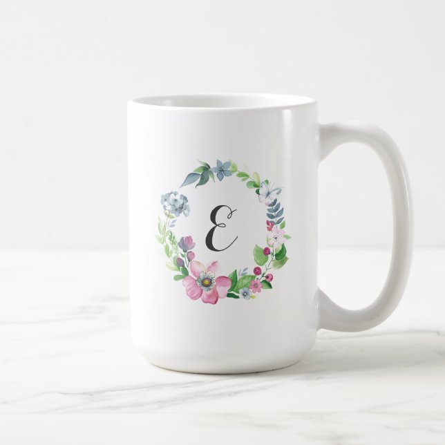 Boho Watercolor Floral & Butterfly | Monogram Coffee Mug (Right)