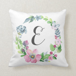 Boho Watercolor Floral & Butterfly Monogram Cushion
