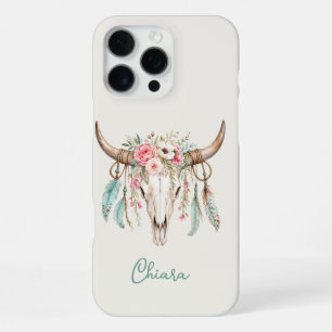 Boho Watercolor Floral Cow Skull iPhone 16 Pro Max Case