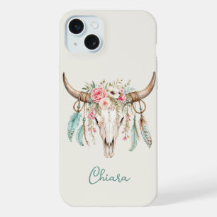 Boho Watercolor Floral Cow Skull iPhone 15 Plus Case