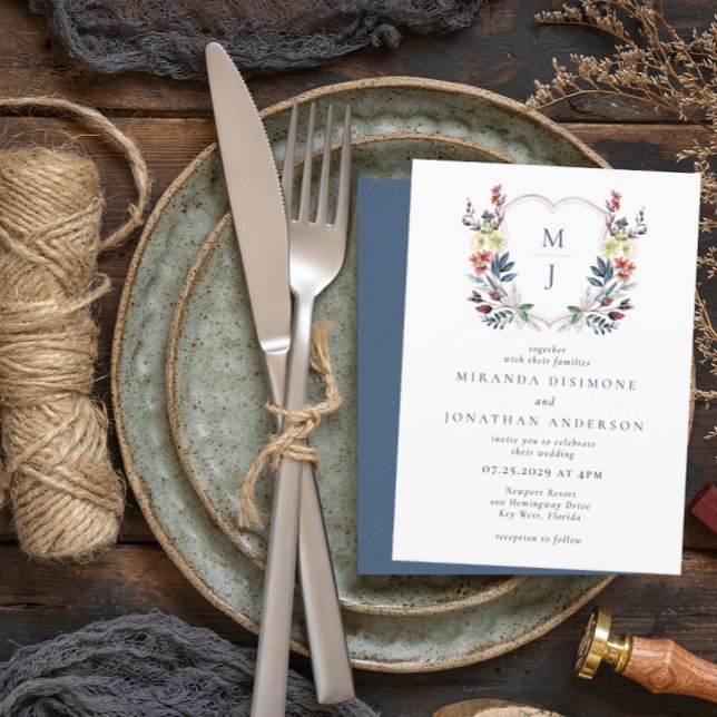 Boho Watercolor Floral Crest Blue Monogram Wedding Invitation (Creator Uploaded)