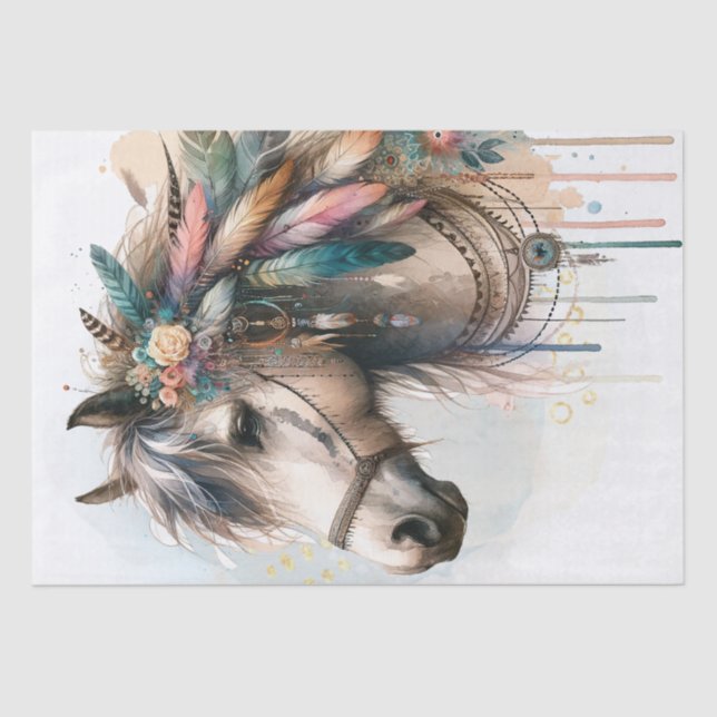 Boho Watercolor Floral Feather Horse Tissue Paper (Front)