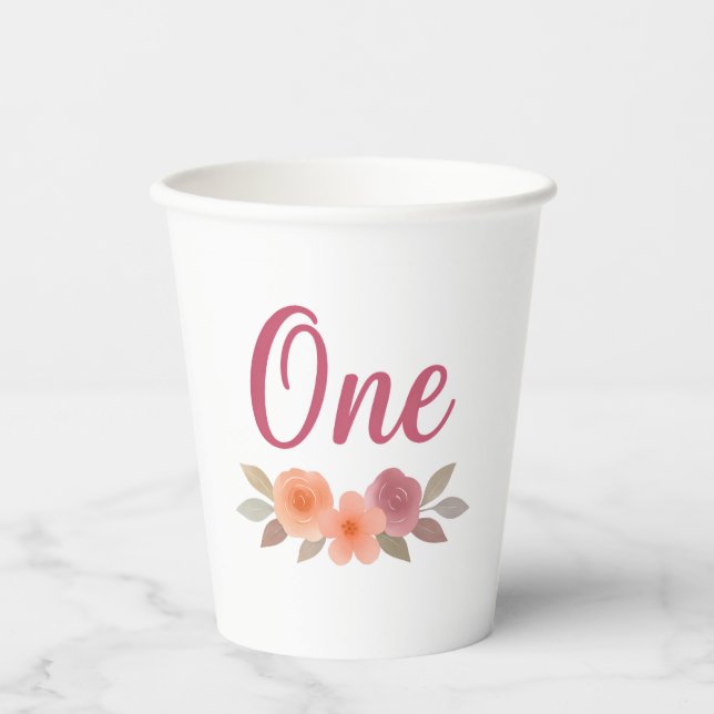 Boho  Watercolor Floral First Birthday  Paper Cups (Front)