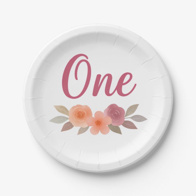 Boho  Watercolor Floral First Birthday  Paper Plate (Front)