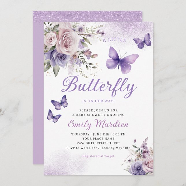 Boho Watercolor Floral Girl Butterfly Baby Shower Invitation (Front/Back)