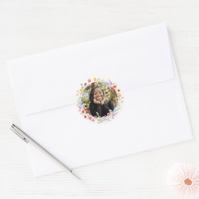 Boho Watercolor Floral Graduation Photo Classic Round Sticker (Envelope)