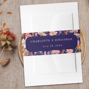 Boho Watercolor Floral Navy Blue Wedding Invitation Belly Band