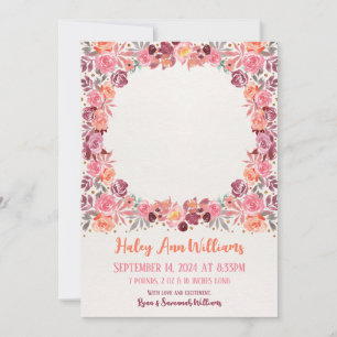 Boho Watercolor Floral Newborn Baby Girl Photo Announcement