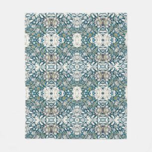 BOHO Watercolor Floral Patchwork Pattern Blue Tan  Fleece Blanket