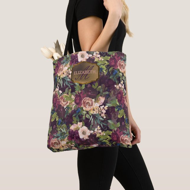 Boho Watercolor Floral Pattern - Burgundy Monogram Tote Bag (Close Up)