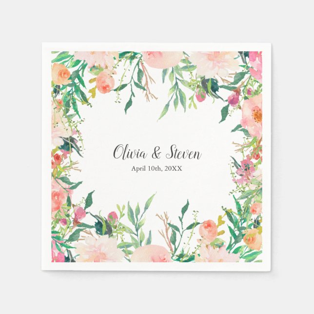 Boho Watercolor Floral Personalised Wedding Napkin (Front)