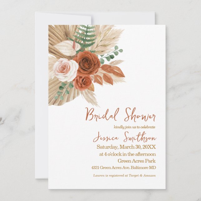 Boho Watercolor Floral Pompas Grass Bridal Shower Invitation (Front)