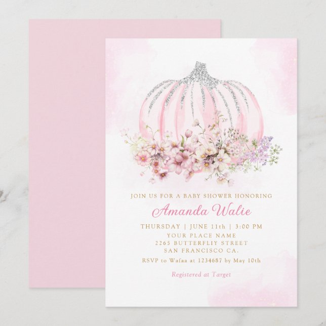 Boho Watercolor Floral Pumpkin Girl Baby Shower    Invitation (Front/Back)