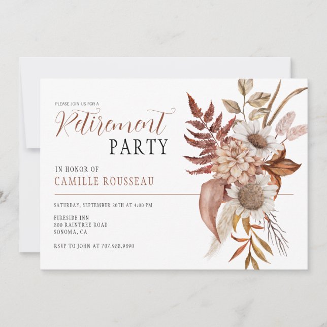 Boho Watercolor Floral Retirement Party Invitation (Front)