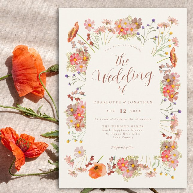 Boho Watercolor Floral Wedding Invitation (Elegant script wildflower wedding invitation)
