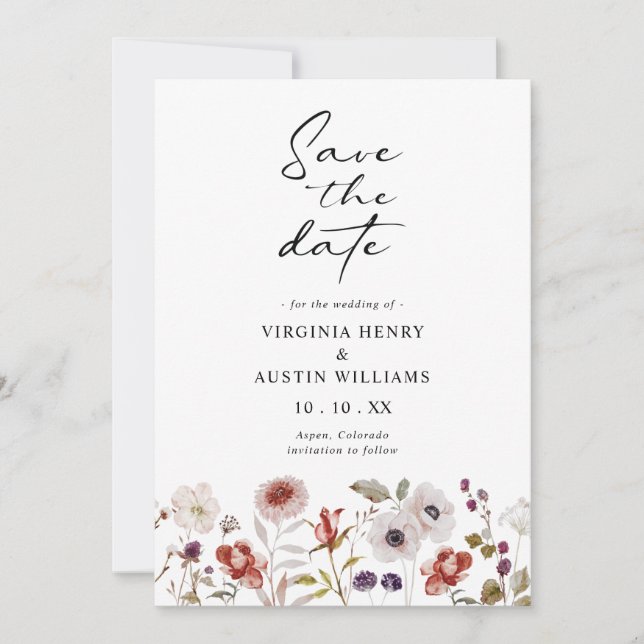 Boho Watercolor Floral Wedding Save The Date (Front)