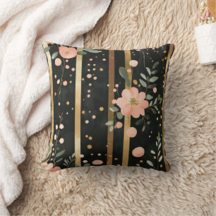 Boho Watercolor Florals Stripes Gold Pink Black Cushion