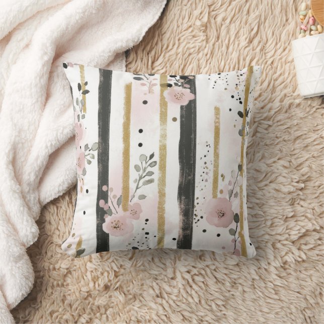 Boho Watercolor Florals Stripes Gold Pink Black Cushion (Blanket)