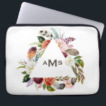 Boho Watercolor Florals Triangle Frame Monogram Laptop Sleeve<br><div class="desc">Boho Watercolor Florals Triangle Frame Monogram Laptop Sleeve. Customisable laptop sleeve featuring watercolor illustration os pink,  white,  orange and burgundy roses and tulips with foliage and feathers accent. Personalise by adding your own monogram. This bohemian laptop sleeve will be perfect as a gift.</div>