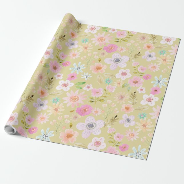 Boho Watercolor Florals Wrapping Paper (Unrolled)