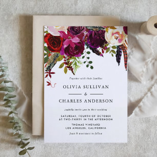 Boho Watercolor Flowers and Feathers Fall Wedding Invitation