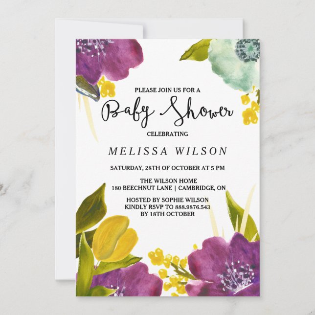 Boho Watercolor Flowers Baby Shower Invitation (Front)
