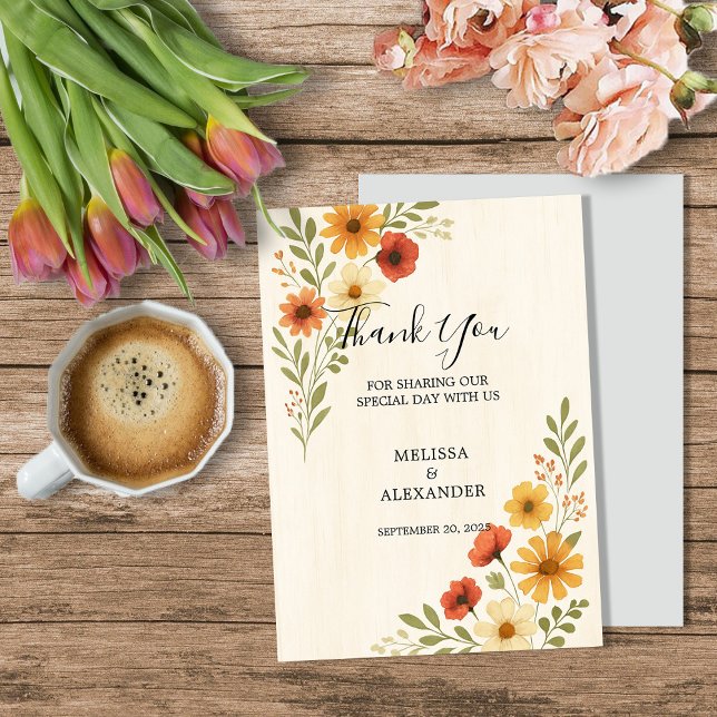 Boho watercolor flowers botanical wedding  thank you card (Boho watercolor flowers botanical wedding thank you card.)