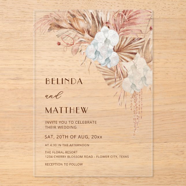 Boho Watercolor Flowers Casual Wedding Acrylic Invitations (Front)