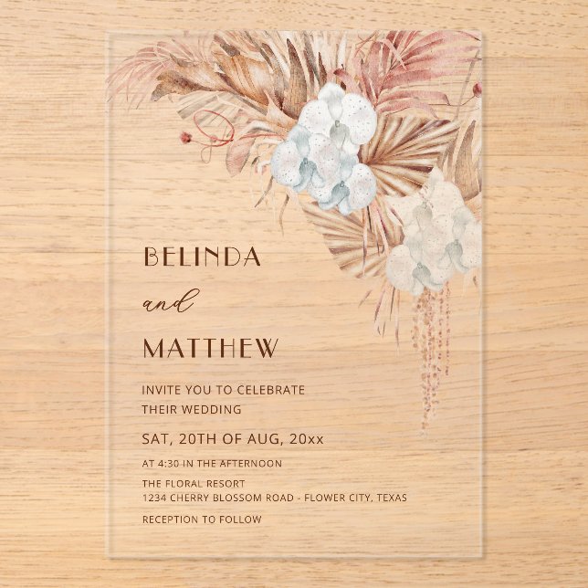 Boho Watercolor Flowers Casual Wedding Acrylic Invitations (Front)