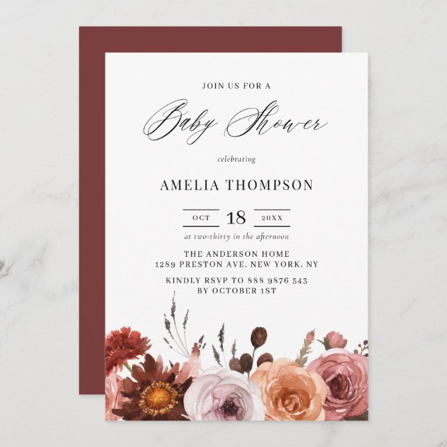 Boho Watercolor Flowers Garland Fall Baby Shower Invitation (Front/Back)