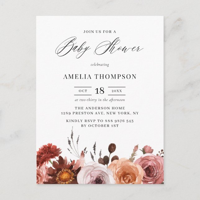 Boho Watercolor Flowers Garland Fall Baby Shower Invitation Postcard (Front)