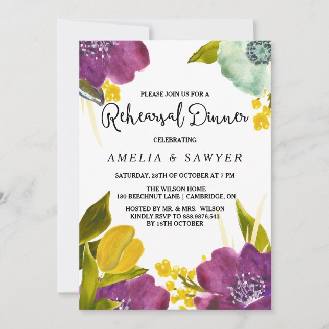 Boho Watercolor Flowers Rehearsal Dinner Invite (Front)