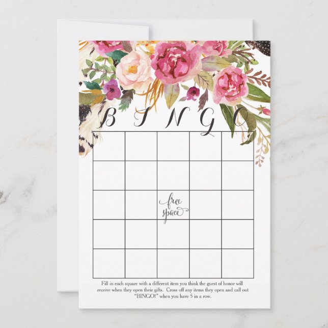 boho watercolor flowers Shower Bingo Cards (Front)