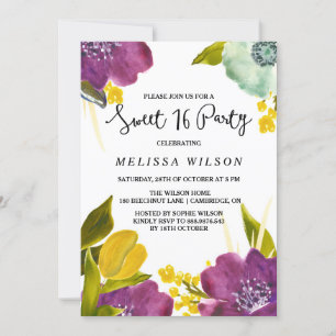 Boho Watercolor Flowers Sweet Sixteen Invitation